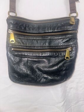 Fossil Vintage Black Leather Crossbody with Brass Zippers
